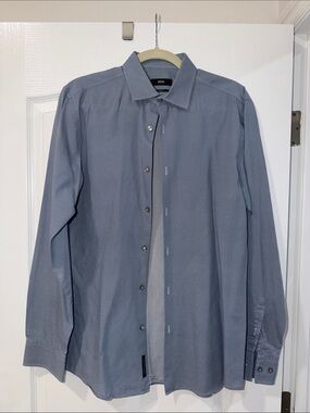 Boss Men's Blue Patterned Spread Collar Dress Shirt